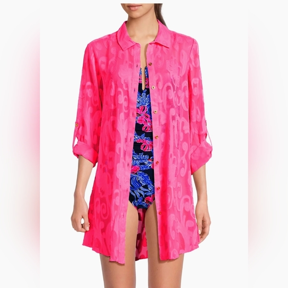 NWT!!! Lilly Pulitzer Natalie Cover-up Shirt in Roxie Pink- Size XS. - Picture 2 of 5